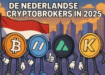 Vier cartoonachtige munten met de logo’s van Nederlandse cryptobrokers staan voor een stadssilhouet en de Nederlandse vlag. Elke munt heeft een eigen uitstraling en houding, wat de diversiteit en concurrentie binnen de Nederlandse cryptomarkt in 2025 benadrukt.