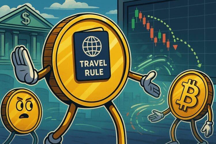 Een grote munt met een paspoort en het label "Travel Rule" houdt symbolisch andere crypto-munten tegen, waaronder een Bitcoin-figuur, tegen een achtergrond van een bankgebouw en een dalende grafiek. De afbeelding benadrukt de impact van regelgeving op het verzenden van crypto in 2025.