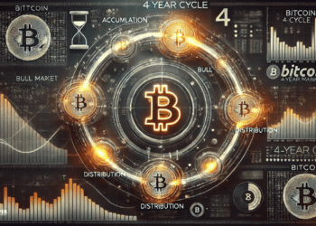 Grafiek die de Bitcoin 4-Year Cycle toont met duidelijke pieken en dalen, inclusief een voorspelde tweede bullmarkt-piek in 2025.