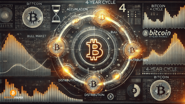 Grafiek die de Bitcoin 4-Year Cycle toont met duidelijke pieken en dalen, inclusief een voorspelde tweede bullmarkt-piek in 2025.