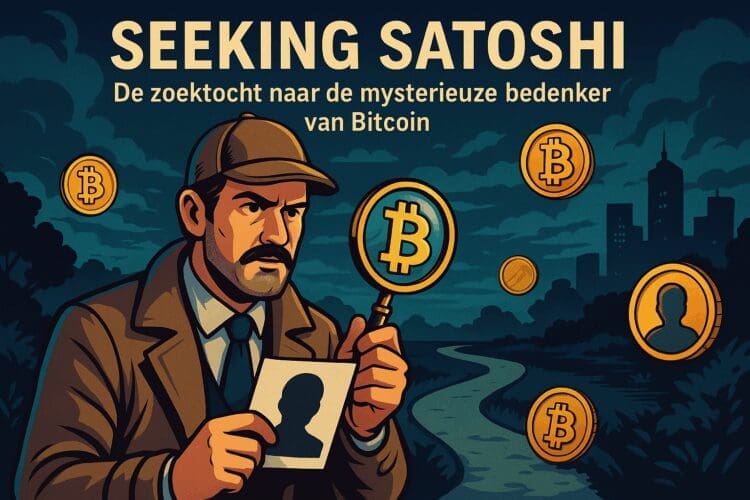 Comic-achtige illustratie van een detective met een vergrootglas en een silhouetfoto, speurend naar de identiteit van Satoshi Nakamoto, met zwevende Bitcoin-symbolen en een mysterieuze nachtelijke stad op de achtergrond.