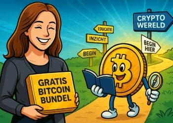 Cartoonachtige illustratie van een glimlachende vrouw (anoniem weergegeven) die een gouden pakket vasthoudt waarop “Gratis Bitcoin Bundel” staat. Naast haar staat een menselijke Bitcoin-munt met een open boek in de hand en een kompas in de andere, klaar om de lezer te begeleiden. Op de achtergrond zie je een oplichtend pad richting “Crypto Wereld”, met borden zoals “Educatie”, “Inzicht” en “Begin hier”