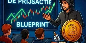 Cartoonachtige illustratie van een digitale lesruimte waar een docent (anoniem weergegeven met een hoodie en headset) voor een groot scherm staat met candlestick-grafieken, het woord “Blueprint” in neonletters en technische analyse-tools. Op de voorgrond zitten toehoorders achter laptops, met aandacht voor het scherm. Een Bitcoin-munt noteert mee met een potlood. De sfeer is leerzaam, high-tech en exclusief.
