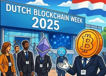 Cartoonachtige illustratie van een modern conferentiecentrum met een groot spandoek “Dutch Blockchain Week 2025”. Voor de ingang verzamelen mensen en crypto-symbolen als Bitcoin, Ethereum en XRP, gekleed in nette pakken, met badges om hun nek. Op de achtergrond licht een podium op met futuristische blockchain-iconen en Nederlandse vlagkleuren. De sfeer is levendig, professioneel en innovatief.