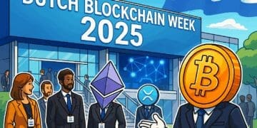 Cartoonachtige illustratie van een modern conferentiecentrum met een groot spandoek “Dutch Blockchain Week 2025”. Voor de ingang verzamelen mensen en crypto-symbolen als Bitcoin, Ethereum en XRP, gekleed in nette pakken, met badges om hun nek. Op de achtergrond licht een podium op met futuristische blockchain-iconen en Nederlandse vlagkleuren. De sfeer is levendig, professioneel en innovatief.
