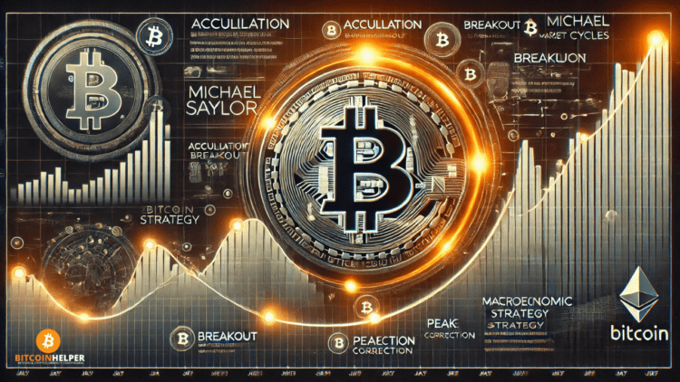 De afbeelding toont een grafiek van de Bitcoin-prijsbewegingen tussen 2015 en 2025, met belangrijke markeringen zoals pieken, bear-markten, bull-rally's en de Bitcoin-halveringen. De grafiek benadrukt het cyclische patroon van de Bitcoin-markt, waarbij prijsstijgingen volgen op halveringsevenementen, gevolgd door bear-markten en consolidatieperiodes. Elk van de marktfases is duidelijk gemarkeerd om de invloed van de halveringen op de prijsbewegingen van Bitcoin te illustreren.