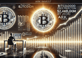 ARK Invest’s voorspelling van Bitcoin naar $2,4 miljoen in 2030 futuristisch en professioneel neerzetten. De stijgende koersgrafiek, het gloeiende Bitcoin-symbool en de subtiele ARK Invest verwijzing passen perfect bij jullie vaste stijl