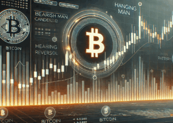 Hanging Man candlestick patroon als bearish omkeersignaal in crypto duidelijk en professioneel uitleggen. De focus op het patroon bovenaan een stijgende trend, gecombineerd met een gloeiende Bitcoin