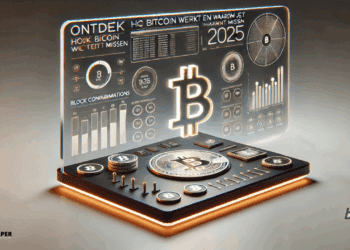 llustratie van een glanzende Bitcoin-munt met digitale blockchain-elementen op de achtergrond, symbool voor investeren in Bitcoin in 2025.