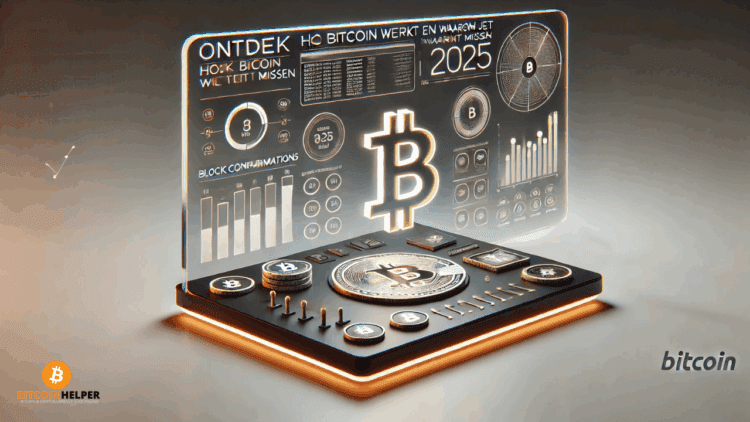 llustratie van een glanzende Bitcoin-munt met digitale blockchain-elementen op de achtergrond, symbool voor investeren in Bitcoin in 2025.