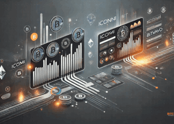 Futuristische vergelijking tussen de crypto-platformen ICONOMI en Bitvavo met verbonden investeringsdashboards.