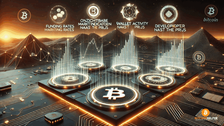 Visuele weergave van een datagedreven crypto-interface met vijf gloeiende indicatorpanelen. Donkere high-tech achtergrond met oranje accenten benadrukt analyse en inzicht voorbij prijsbewegingen.