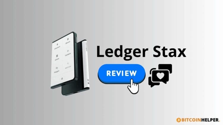Futuristische weergave van de Ledger Stax hardware wallet met gebogen E Ink-touchscreen, minimalistisch ontwerp en hoogwaardige beveiligingskenmerken voor veilige crypto-opslag