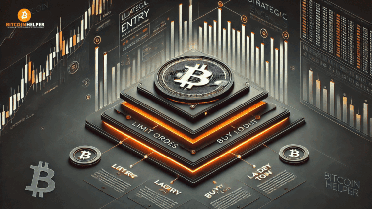 Futuristische visualisatie van entry technieken in crypto trading, met lagen van koopniveaus en een gloeiende Bitcoin bij het instappunt