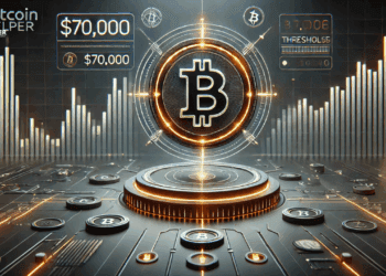 Futuristische weergave van Bitcoin boven het kritieke $70.000-niveau, met visuele spanning rond een mogelijke koersdaling.