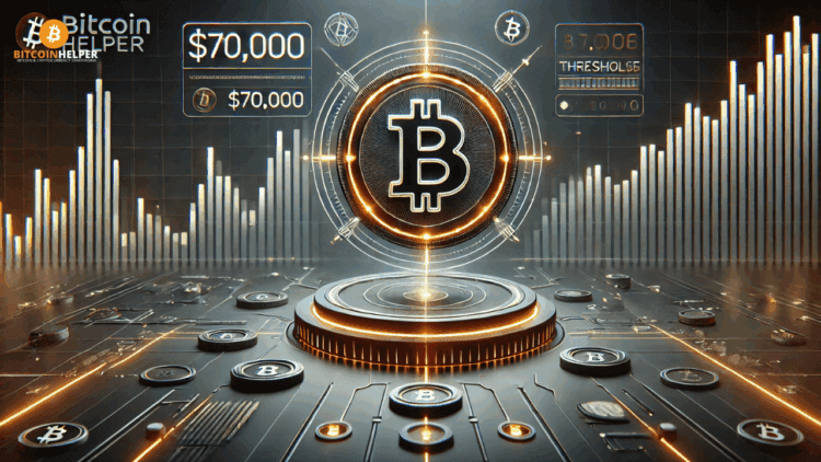 Futuristische weergave van Bitcoin boven het kritieke $70.000-niveau, met visuele spanning rond een mogelijke koersdaling.