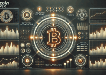 Futuristische weergave van een bullish re-accumulatiepatroon volgens de Wyckoff-methode, met een gloeiende Bitcoin in een handelsrange.