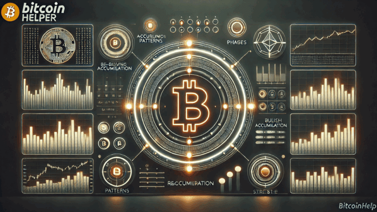 Futuristische weergave van een bullish re-accumulatiepatroon volgens de Wyckoff-methode, met een gloeiende Bitcoin in een handelsrange.