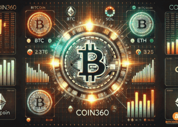 Futuristische visualisatie geïnspireerd op COIN360, met een dynamische crypto-heatmap waarin Bitcoin centraal staat.