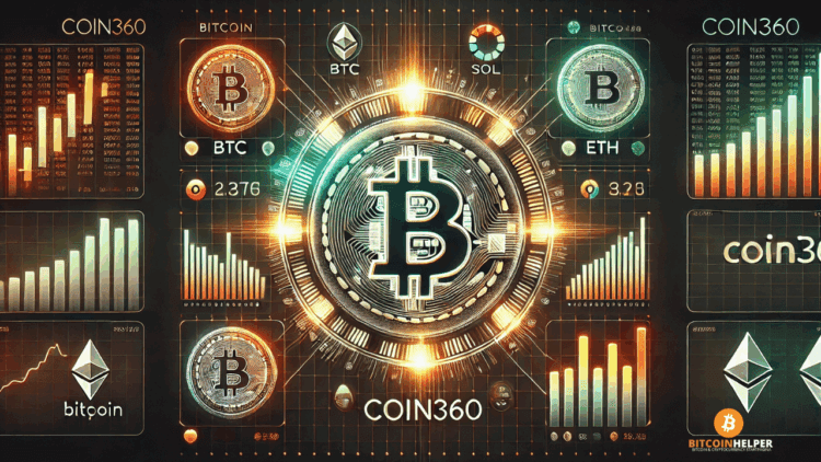 Futuristische visualisatie geïnspireerd op COIN360, met een dynamische crypto-heatmap waarin Bitcoin centraal staat.