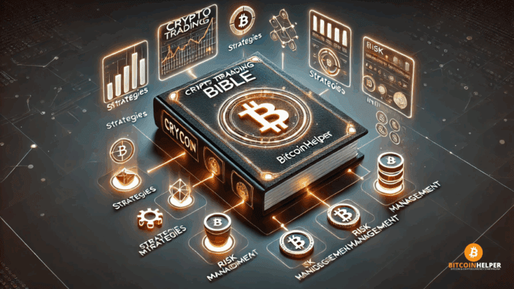 Futuristische visualisatie van de Bitcoinhelper Crypto Trading Bible, met een digitaal handboek, strategie-iconen en een gloeiende Bitcoin.