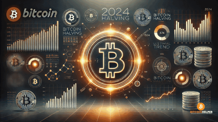 Futuristische illustratie van de Bitcoin Halving 2024 met gesplitst Bitcoin-logo, koersgrafiek en visuele elementen die prijsverwachting en aanbodschaarste tonen.