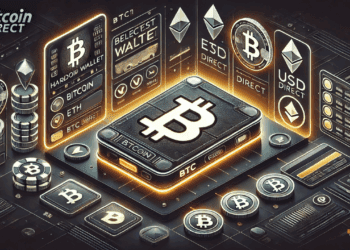 Futuristische weergave van de beste hardware wallet volgens BTC Direct, met een verlicht beveiligd wallet-apparaat omringd door crypto-iconen zoals Bitcoin (BTC) en Ethereum (ETH), die symbool staan voor veiligheid en technologische vooruitgang.