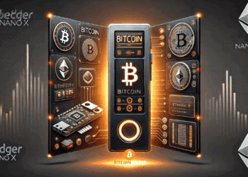 Futuristische weergave van de Ledger Nano X hardware wallet met verlichte accenten, blockchain-iconen en beveiligingssymbolen die de focus op veilige crypto-opslag benadrukken