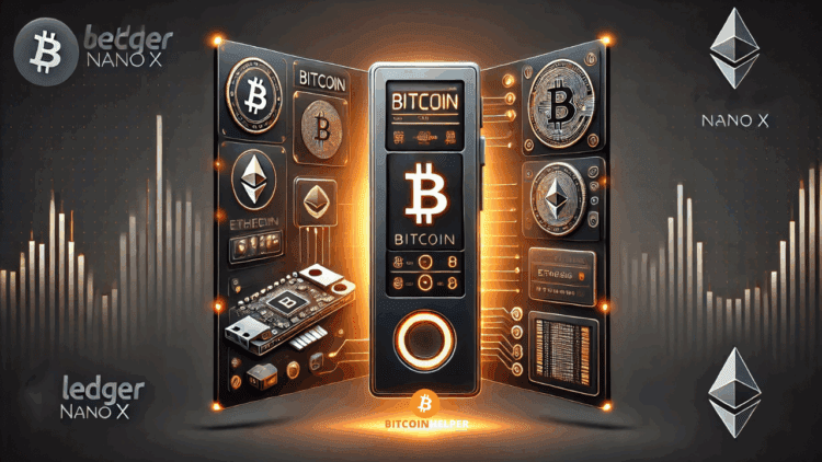 Futuristische weergave van de Ledger Nano X hardware wallet met verlichte accenten, blockchain-iconen en beveiligingssymbolen die de focus op veilige crypto-opslag benadrukken