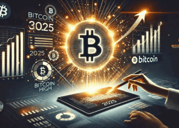 Visuele representatie van Bitcoin’s koersdoorbraak in 2025, met een digitale stijging door het symbolische prijsplafond naar een nieuwe all-time high.