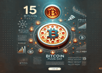 Visuele interpretatie van de 15e verjaardag van Bitcoin Pizza Day, met een lichtgevende Bitcoin en een digitale pizza op een modern, feestelijk dashboard dat de technologische vooruitgang en historische waarde van het moment symboliseert.