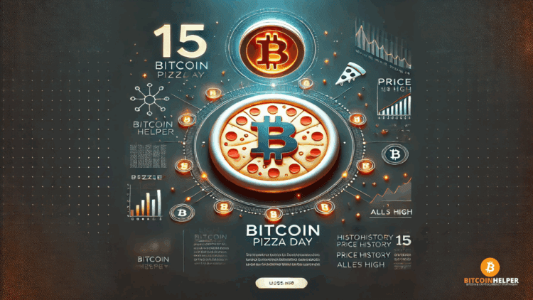 Visuele interpretatie van de 15e verjaardag van Bitcoin Pizza Day, met een lichtgevende Bitcoin en een digitale pizza op een modern, feestelijk dashboard dat de technologische vooruitgang en historische waarde van het moment symboliseert.