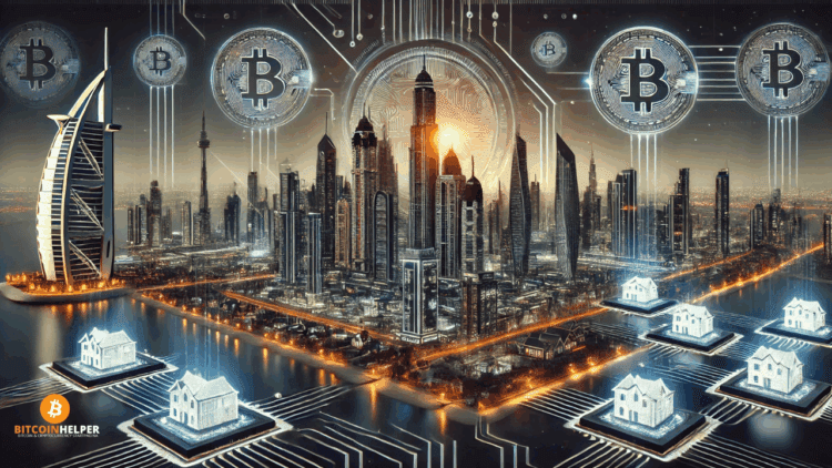 Digitale illustratie van een futuristisch Dubai waarin vastgoedobjecten via blockchain worden verbonden met de skyline, met prominente cryptosymbolen die tokenisatie van onroerend goed op de XRP Ledger uitbeelden.