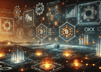 Futuristische digitale interface met zwevende grafieken, verbonden blockchain-knooppunten en datastromen boven een donkere technologisch ogende achtergrond. De oranje en blauwe accenten benadrukken de invloed van blockchain op crypto en wereldwijde industrieën.