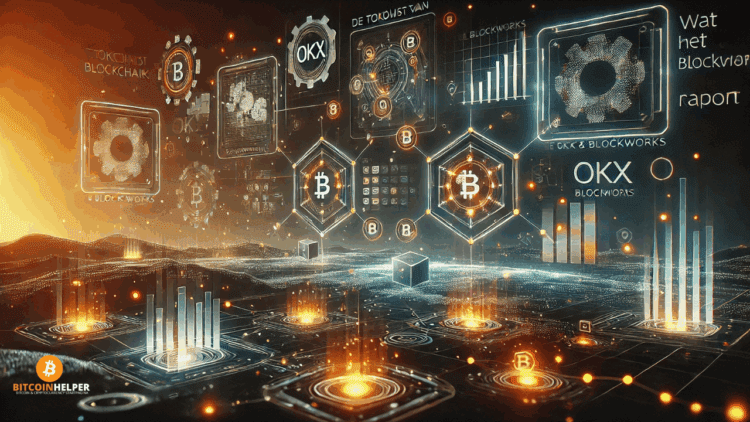 Futuristische digitale interface met zwevende grafieken, verbonden blockchain-knooppunten en datastromen boven een donkere technologisch ogende achtergrond. De oranje en blauwe accenten benadrukken de invloed van blockchain op crypto en wereldwijde industrieën.