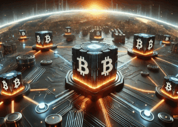 Futuristische visual van een digitaal netwerk waarin meerdere blockchain-hubs samenkomen via gloeiende circuitbanen. Elke hub symboliseert een schaalbaar infrastructuurproject, verbonden met een wereldbol of digitale stad op de achtergrond. Strakke, high-tech stijl met oranje, blauwe en zilveren accenten.