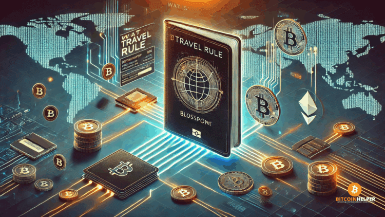 Een digitale ID-kaart staat centraal, verbonden met crypto-wallets via een wereldwijd datanetwerk. De afbeelding is verdeeld in twee zones: gereguleerd toezicht en privé blockchainverkeer. Het beeld benadrukt de directe gevolgen van de Travel Rule voor gebruikers.