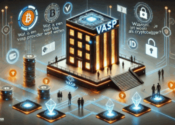 Een high-tech terminal met het label 'VASP' staat centraal, omgeven door digitale knooppunten die crypto wallets en platformen voorstellen. De visuele stijl benadrukt regulering, veiligheid en de rol van serviceproviders in crypto.
