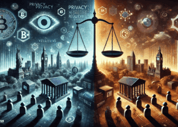 Visual met een oplichtende weegschaal in het midden, die privacy en regelgeving balanceert. Links staan crypto-avatar-iconen, encryptiesymbolen en een donkere, beschermde sfeer. Rechts toont overheidsgebouwen, compliance-documenten en surveillancesymbolen.