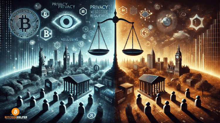 Visual met een oplichtende weegschaal in het midden, die privacy en regelgeving balanceert. Links staan crypto-avatar-iconen, encryptiesymbolen en een donkere, beschermde sfeer. Rechts toont overheidsgebouwen, compliance-documenten en surveillancesymbolen.