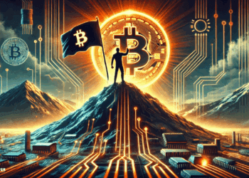 Sterke contrastvisual met een centrale figuur die symbool staat voor Bitcoin-maximalisme. De figuur houdt een fel oranje Bitcoin omhoog terwijl regulerende golven van data en toezicht dichterbij komen. De scène benadrukt ideologische weerstand tegen controle.