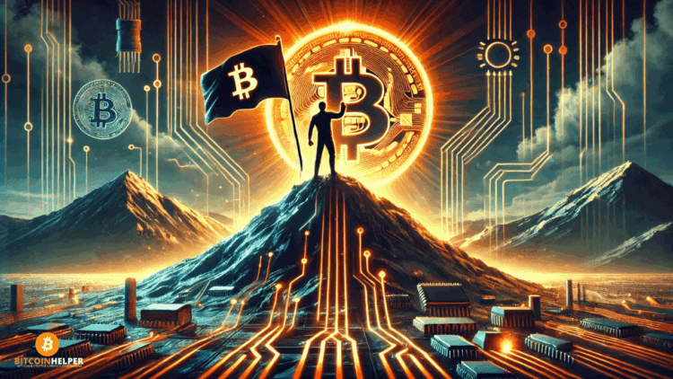 Sterke contrastvisual met een centrale figuur die symbool staat voor Bitcoin-maximalisme. De figuur houdt een fel oranje Bitcoin omhoog terwijl regulerende golven van data en toezicht dichterbij komen. De scène benadrukt ideologische weerstand tegen controle.