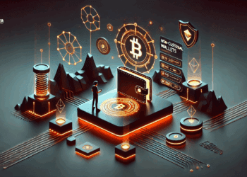 Digitale illustratie met een jongere in een high-tech omgeving, werkend met een non-custodial wallet. Achtergrond toont beveiligingsiconen en donkere, futuristische patronen in lijn met crypto branding. De sfeer is serieus, veilig en educatief.