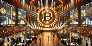 Digitale weergave van een grootschalige Bitcoin-conferentie in 2025. Zwarte en oranje verlichting benadrukt een imposant podium met projectieschermen en een centraal Bitcoin-logo. De visuele sfeer ademt innovatie, community en schaal.