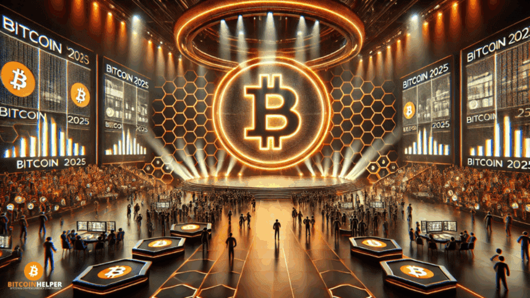 Digitale weergave van een grootschalige Bitcoin-conferentie in 2025. Zwarte en oranje verlichting benadrukt een imposant podium met projectieschermen en een centraal Bitcoin-logo. De visuele sfeer ademt innovatie, community en schaal.