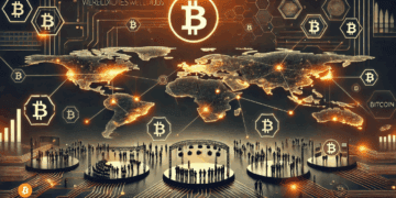 Visual met een donkere wereldkaart, verbonden door digitale netwerken tussen grote steden. Elk punt staat symbool voor een toekomstig Bitcoin-event. Achtergrond toont silhouetten van conferentiepubliek, schermen en banners in een zwart-oranje crypto sfeer.