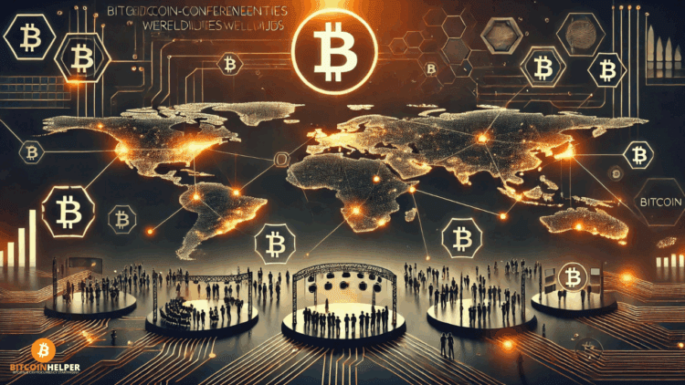 Visual met een donkere wereldkaart, verbonden door digitale netwerken tussen grote steden. Elk punt staat symbool voor een toekomstig Bitcoin-event. Achtergrond toont silhouetten van conferentiepubliek, schermen en banners in een zwart-oranje crypto sfeer.