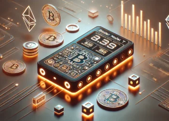 Futuristische weergave van de Trezor Model T hardware wallet met visuele accenten van beveiligingsiconen, en symbolen voor Bitcoin en Ethereum ter illustratie van de brede crypto-ondersteuning