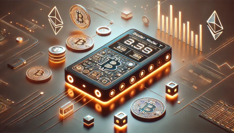 Futuristische weergave van de Trezor Model T hardware wallet met visuele accenten van beveiligingsiconen, en symbolen voor Bitcoin en Ethereum ter illustratie van de brede crypto-ondersteuning