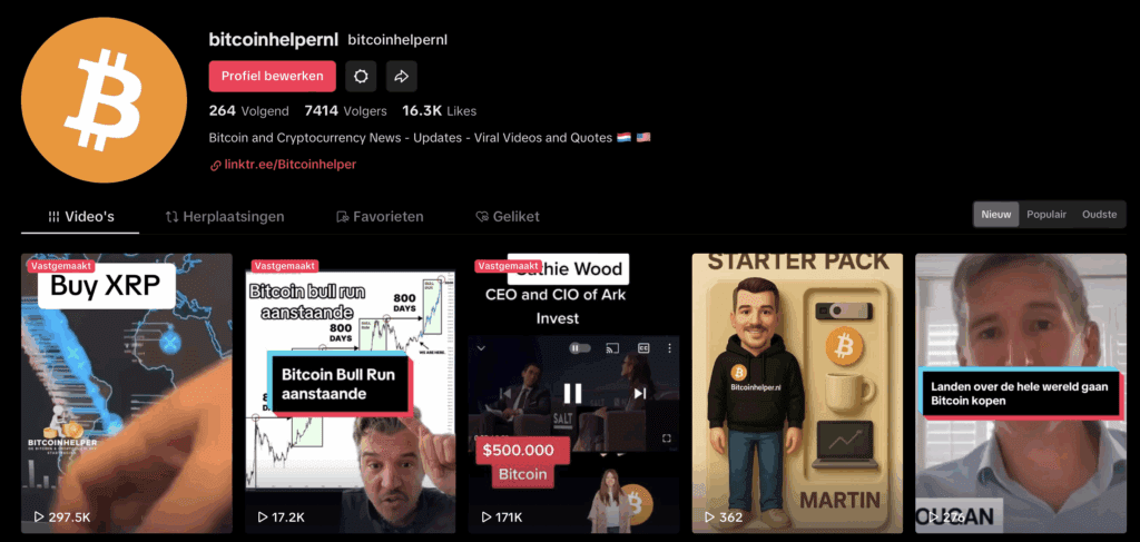 Screenshot van het TikTok-profiel van Bitcoinhelper (@bitcoinhelpernl) met 7.414 volgers en 16.3K likes. Te zien zijn vastgemaakte video’s over onderwerpen zoals XRP kopen, een aanstaande Bitcoin bull run, Cathie Wood’s Bitcoin-voorspelling, en andere crypto-gerelateerde content. Het profiel richt zich op Bitcoin- en cryptocurrency-nieuws, updates en virale video’s.